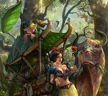 Snow White, dwarf, yang, girl, dinisaur, fantasy, mansik, apple, funny HD wallpaper