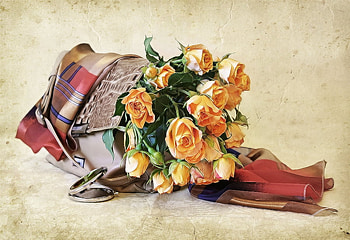 still life, bouquet, gentle, graphy, nice, rose, flower, handbag, , mirror, roses, elegantly, beautiful, cool, flowers, scarf, harmony HD wallpaper