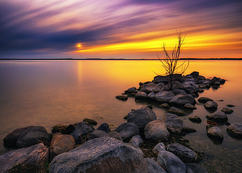 Nature, Water, Sunset, Stones, Lake, Reflection, Wood, Tree HD wallpaper