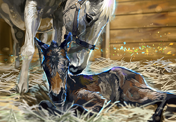 Baby horse, horse, cub, art, baby, anime, ran ou, couple, mother, manga HD wallpaper