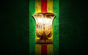 Palmaflor FC, golden logo, Bolivian Primera Division, green metal background, football, Venezuelan football club, Club Atletico Palmaflor logo, soccer, Venezuelan Primera Division, CA Palmaflor HD wallpaper
