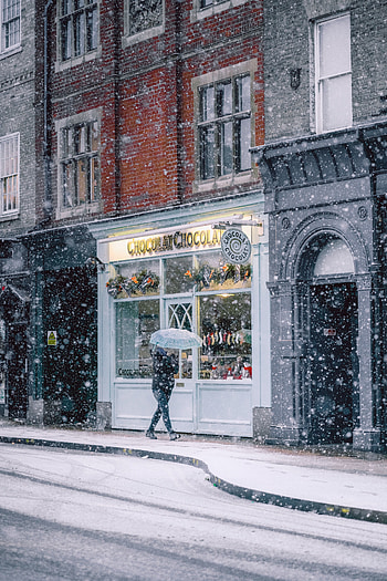 Cities, Building, Stroll, Human, Person, Street, Snowfall HD phone wallpaper
