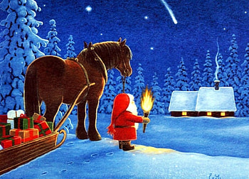 Christmas Night, winter, horse, sleigh, snow, gifts, cottage, santa HD wallpaper