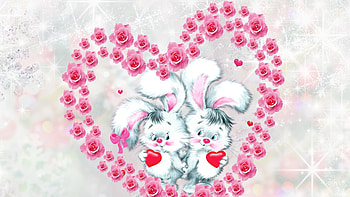 Bunny Love, bunnes, roses, rabbits, cute, bunny, love, whimsical, heart, valentines day HD wallpaper
