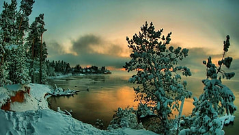 Winter sunset, Sundown, Frozen, Snow, Trees, Sky HD wallpaper