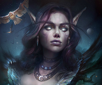 Night song, bird, art, girl, elf, owl, woman, fantasy, face, bufnita, dmitry prozorov HD wallpaper