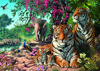 Tigers, painting, cub, tiger, art, elephant, pictura, tigru, jungle HD wallpaper