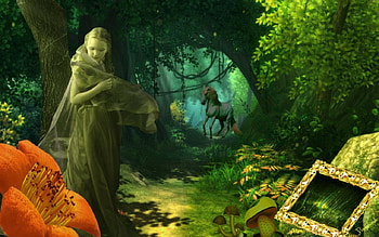 Enchanted forest, horse, frame, green, flowers, forest, woman HD wallpaper