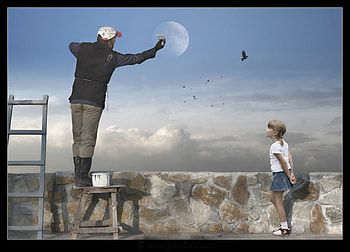 White paint for the Moon, birds, scale, man, girl, moon, fantasy, clouds, paint, wall, sky HD wallpaper
