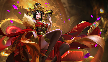 Fantasy girl, frumusete, hand fan, fantasy, red, yellow, manson ike, evantai, girl HD wallpaper
