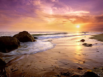 Beach Sunset, white, sand, tide, beach, rock, purple, yellow, clouds, nature, sky, water, sun, sunset, ocean HD wallpaper
