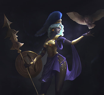 Athena, e9art apple, luminos, blue, shield, frumusete, black, art, owl, goddess, fantasy, bufnita HD wallpaper