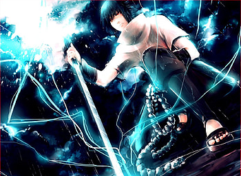 Uchiha Sasuke, sasuke, naruto shippuden, sword, rain, ninja, red eyes, weapons, kneeling, lightning, anime, shinobi, sasuke uchiha HD wallpaper