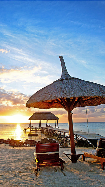 Mauritius, Beach Umbrella HD phone wallpaper
