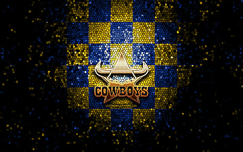 NQ Cowboys, glitter logo, NRL, yellow blue checkered background, rugby, australian rugby club, NQ Cowboys logo, mosaic art, National Rugby League HD wallpaper