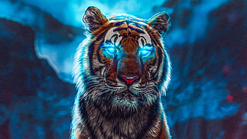 Tiger Glowing Eyes, tiger, animals, artist, artwork, digital-art, neon HD wallpaper