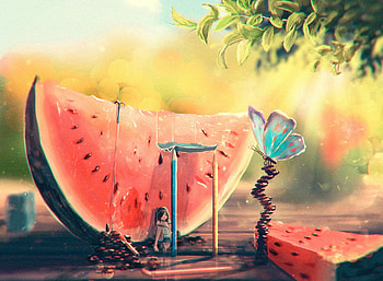 Summer day, blue, art, watermelon, girl, summer, butterfly, fantasy, red, fruit, luminos HD wallpaper