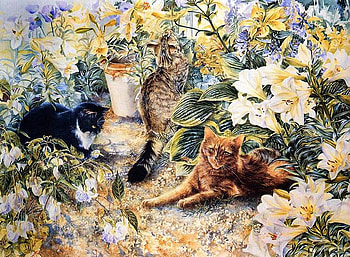 Lesley Fotherby - Cats, kitten, lesley fotherby, painting, art, flower, garden, cat HD wallpaper