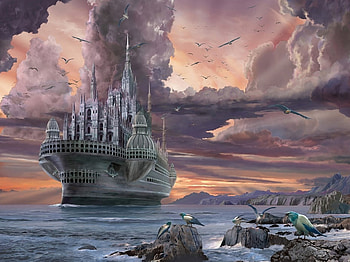 Pontiff Afloat, sea, birds, ship, fantasy, cathederal, clouds, sky, water HD wallpaper