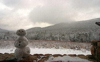 Winter, Nature, Trees, Mountains, Clouds, Snowman, Fog HD wallpaper