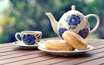 Tea And Doughnuts, White, Teatop, Cups, Doughnuts, Blue HD wallpaper