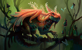 Fairy dragon, mini, orange, fairy, fantasy, green, dragon, kate becker, luminos, forest HD wallpaper