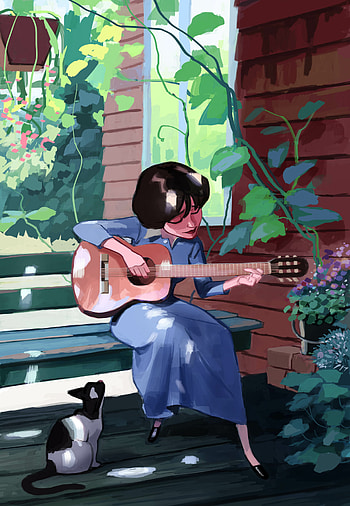 Music, Art, Cat, Guitar, Girl HD phone wallpaper
