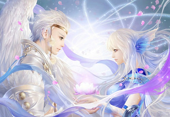 With Love , Feimo art, art, man, girl, beautiful, angel, love, angelic, fish, lotus HD wallpaper