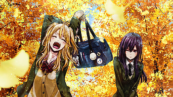 Tree, Anime, Citrus, Blonde, Blush, Bow (Clothing), Citrus (Anime), Leaf, Long Hair, Mei Aihara, Purple Hair, School Uniform, Sunbeam, Tie, Twintails, Wink, Yuzu Aihara HD wallpaper