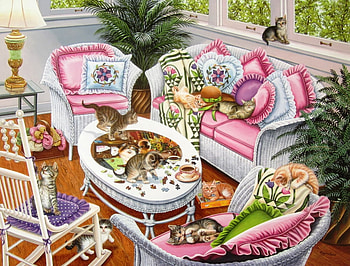 :), kitten, white, art, cute, cat, pink, pisici, painting, barbara higgins bond, pictura, terrace, sleep HD wallpaper