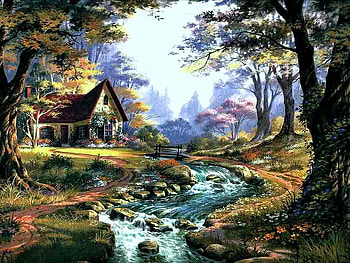 River painting by Nicky Boehme, river, painting, art, nature, nicky boehme, cottage, tree, mountain HD wallpaper