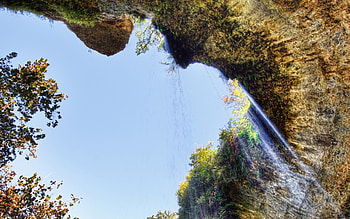 looking up a waterfall r, waterfall, sky, r, cavern, cliff, tree HD wallpaper