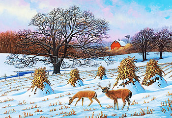 Deer Path, barn, snow, winter, straw, painting, trees HD wallpaper