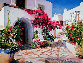 Beautiful courtyard, blue, white, brick, house, balcony, flower pots, stairs, arch, stone, flowers HD wallpaper