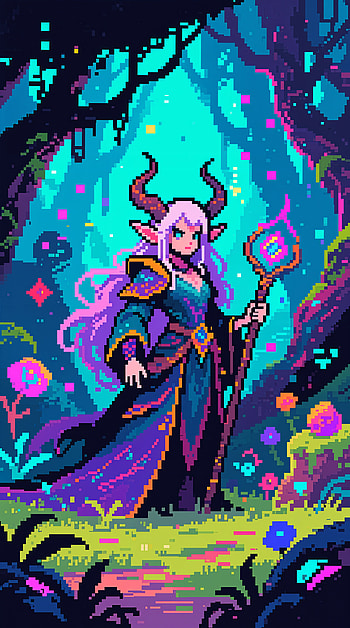 Neon Grove Sorceress — Pixel Fantasy ( & Android), fantasy, sorceress, mage, pixel art HD phone wallpaper