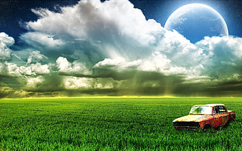 Landscape, Auto, Grass, Planets, Moskvich HD wallpaper
