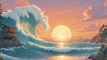 Sunset Drawing, sunset, wave, sea, ocean, sun, Ocean Waves HD wallpaper