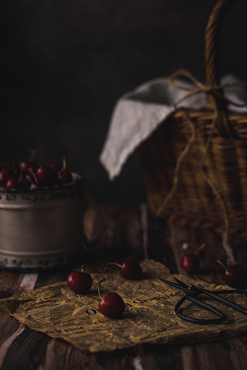 Sweet Cherry, Food, Berries, Basket, Paper, Scissors HD phone wallpaper