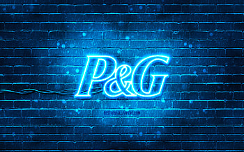 Procter and Gamble blue logo, , blue brickwall, Procter and Gamble logo, brands, Procter and Gamble neon logo, Procter and Gamble HD wallpaper