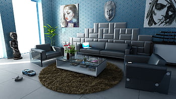 Contemporary living room featuring sleek furniture, artistic decor, and a vibrant geometric . HD wallpaper