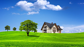 Summer Home, house, meadows, clouds, landscape, trees, sky HD wallpaper