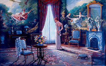 Before The Ball, table, chair, window, room, utensils, victoria, girl, dress, curtain, painting, vintage HD wallpaper