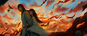 Fantasy couple, frumusete, man, girl, orange, wind, xiaofan zhang, fantasy, red, couple, sky, luminos, sunset, cloud HD wallpaper