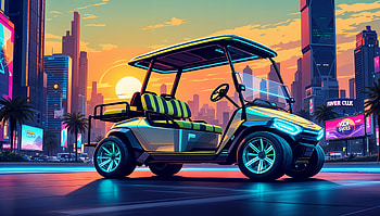 Stylish Golf Cart in a Sunset Setting, golf cart, neon lights, cityscape, Digital Art HD wallpaper