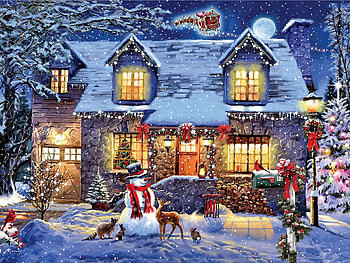 Cottage Glow, snowman, sleigh, reindeer, christmas, lights, ornaments, deer, santa, painting HD wallpaper