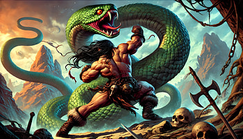 Barbarian vs Serpent, fantasy, barbarian, snake, fight, Comic HD wallpaper