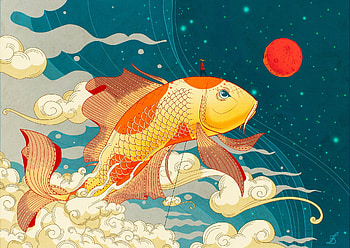 Koi, orange, blue, art, summer, dorota zajko, fantasy, yellow, red, pesti, fish, cloud, vara HD wallpaper