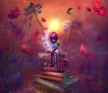 That sunset story, book, thegirlcansmile, fantasy, flower, girl, luminos, child, copil HD wallpaper