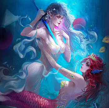Mermaid assassin, mermaid, yoake art, fantasy, couple, underwater, redhead, assassin, blue, girl, pink HD wallpaper