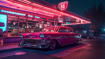 Neon Nights: Vintage Red Car, red, car, vintage, neon HD wallpaper